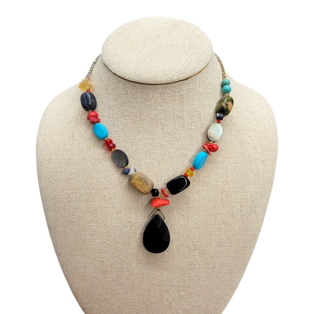 Vintage Chunky Multi Gemstone Beaded Statement Necklace Black Drop Shell Boho